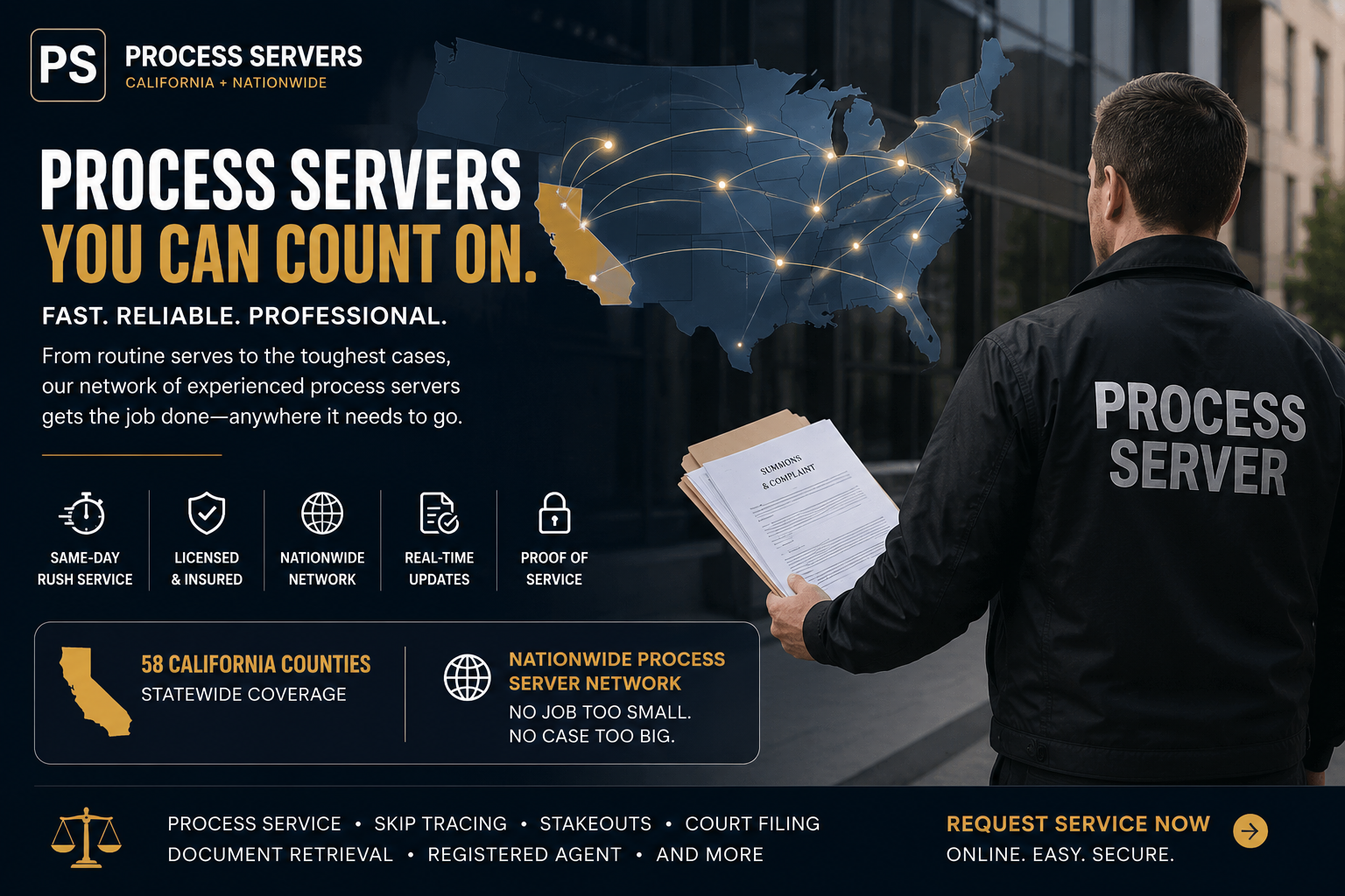 Realistic process server wearing a jacket with United States map, California highlighted, and nationwide process server network routes